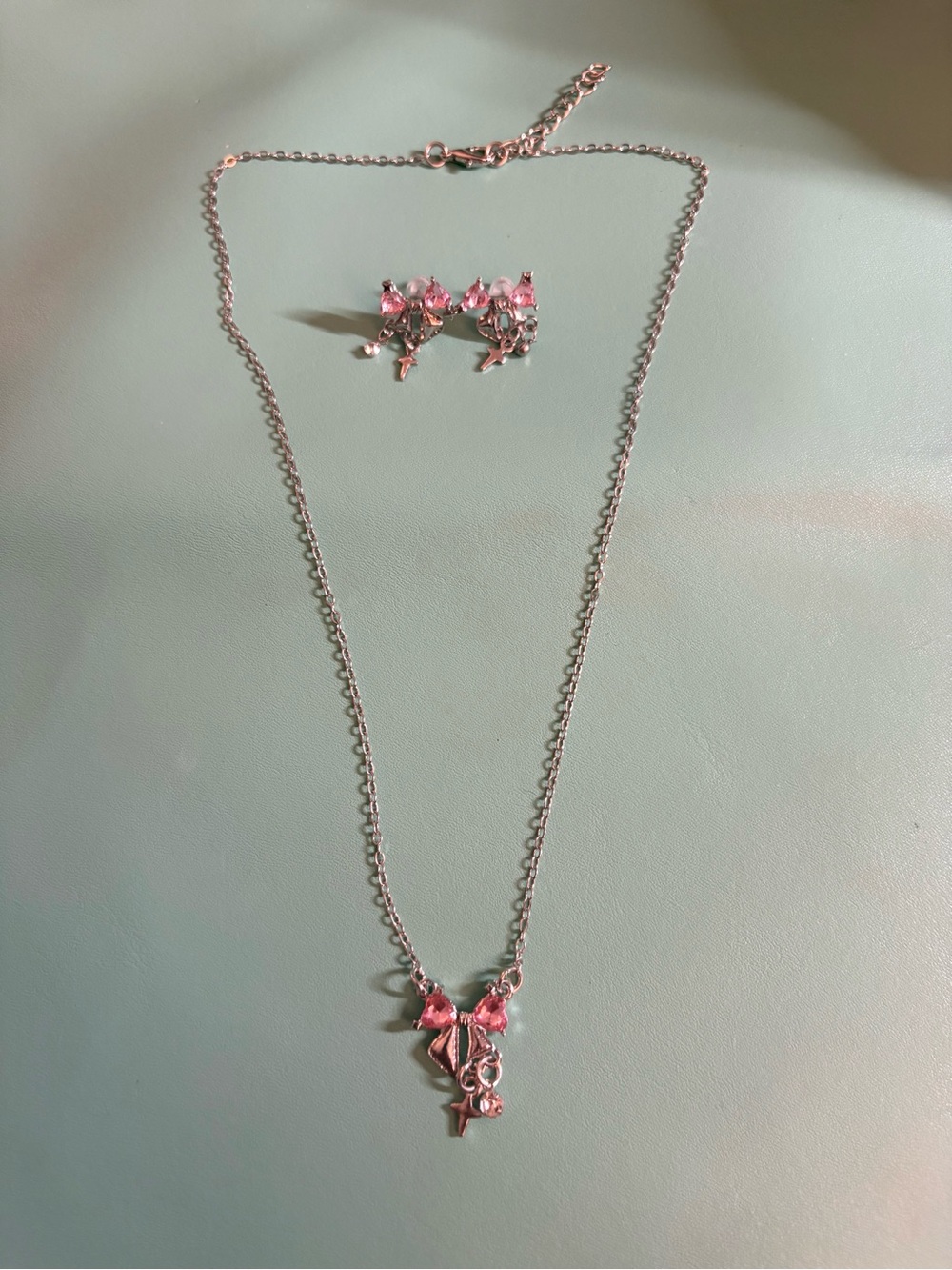 Silver-tone Pink Crystal Bow Necklace and Earring Set -NWOT